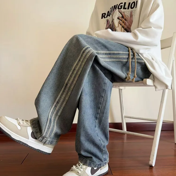 牛仔裤男款爆款2025新款加绒松紧直筒宽松废土男装阔腿青少年裤子