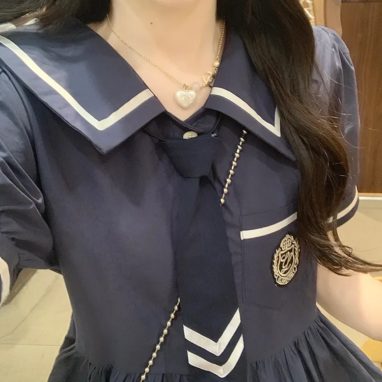 学院风英伦减龄洋气连衣裙夏季新款海军领系带收腰显瘦简约中长裙