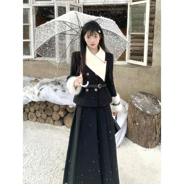 千金呢子套装裙女秋冬新款小香风黑色毛呢外套+半身裙两件套