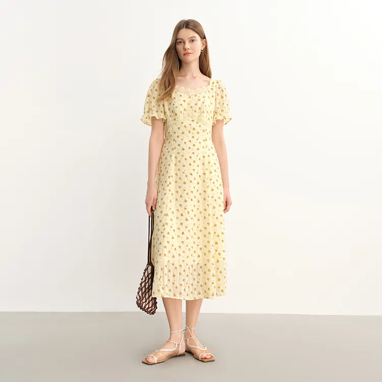 独束大码女装法式蕾丝拼接碎花连衣裙优雅修身裙子 25DS82823