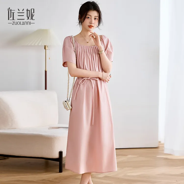 泡泡袖粉色连衣裙女夏2025新款高级感显瘦收腰遮肉法式洋气长裙子
