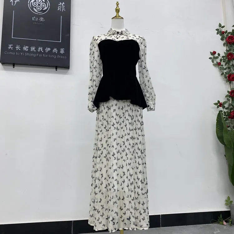 8899伊尚菲秋装新款民族风优雅气质假两件显瘦连衣裙高个子长裙女
