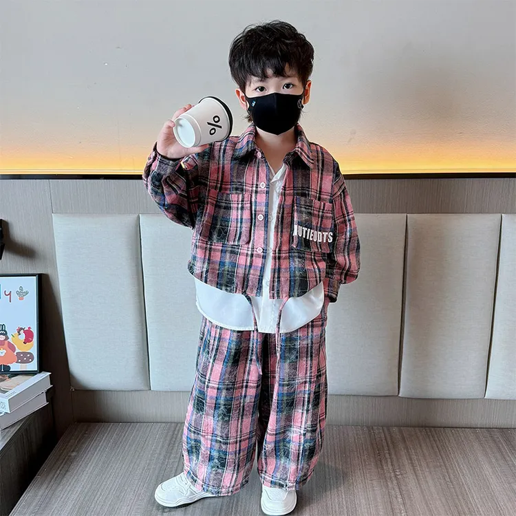 男童秋装套装2025新款儿童洋气时髦格子两件套中小童帅气男孩衬衫