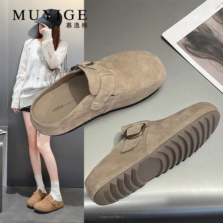 复古包头半拖鞋女外穿2025年新款内增高厚底一脚蹬单鞋软底穆勒鞋