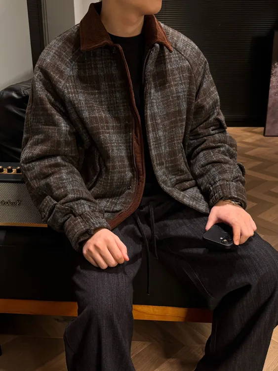 GO SHINE 冬季男士羽绒设计款格纹格子休闲翻领保暖秋冬羽绒服