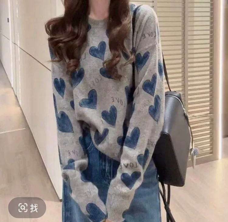 爱心印花灰色套头毛衣早秋韩系穿搭慵懒风宽松长袖针织上衣950Y