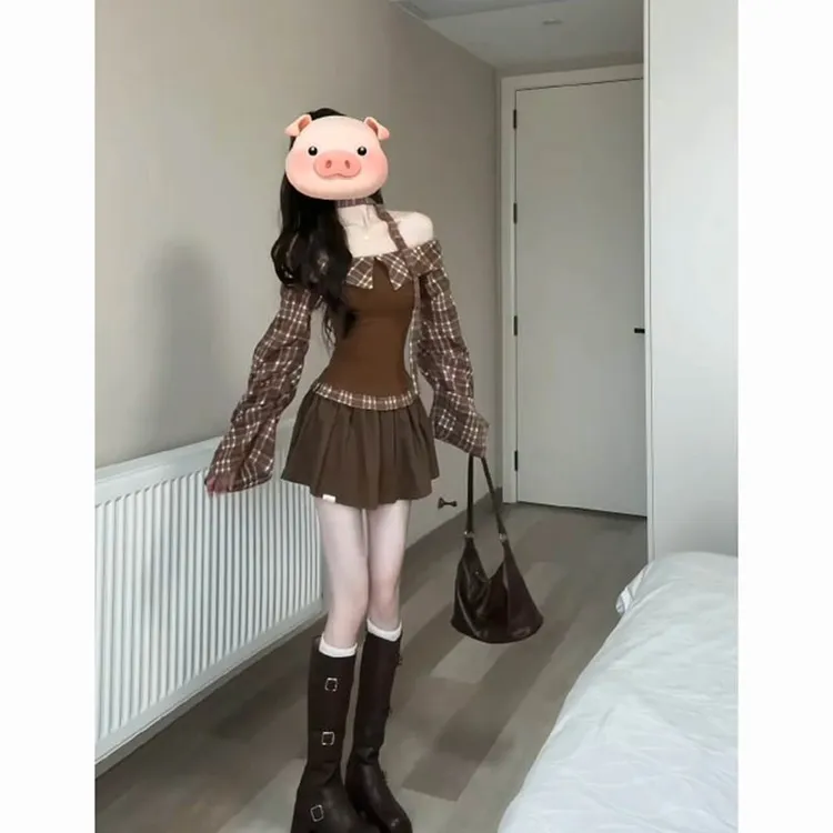 纯欲风格子拼接修身显瘦长袖上衣高腰百褶半身裙秋季新款两件套
