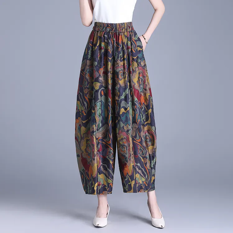 2025夏季新款新中式仿真丝文艺复古民族风大码休闲宽松灯笼打底裤