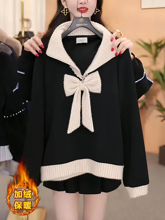 2025冬新款加绒保暖蝴蝶结钉珠立领卫衣女时尚拼接假两件打底上衣