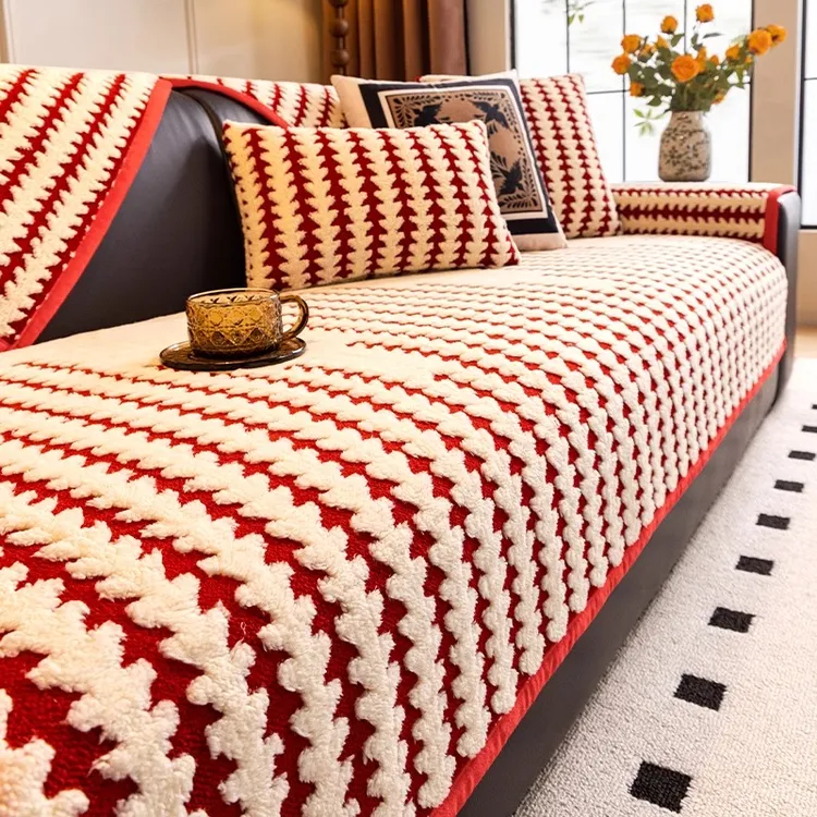 麦颜新年喜庆红色皮沙发垫冬季加厚毛绒2025新款防滑简约套罩