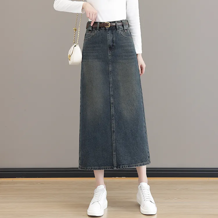 拉夏贝尔复古牛仔半身裙女2025年春秋新款高腰a字开叉长款一步裙