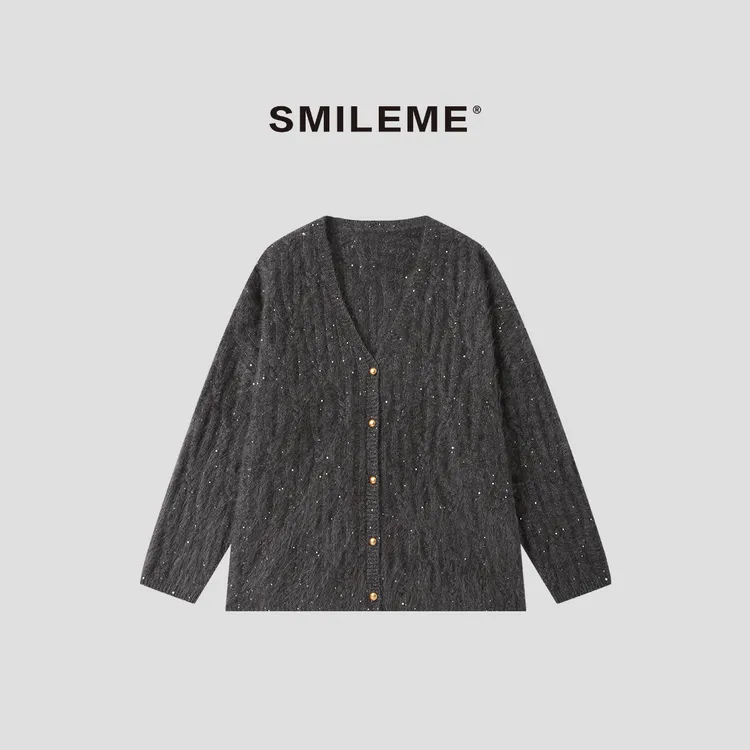 3-SMILEME【鎏金岁月】时尚休闲宽松V领亮片针织开衫R5377030