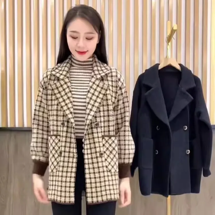 千鸟格毛呢外套女2025年春季新款韩系百搭宽松显瘦中长款气质大衣