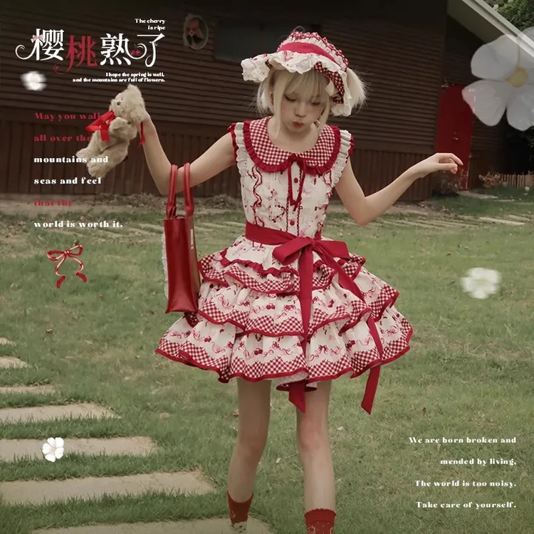 樱桃熟了lolita裙子洛丽塔分体套装可爱田园风小个子红色甜心蛋糕