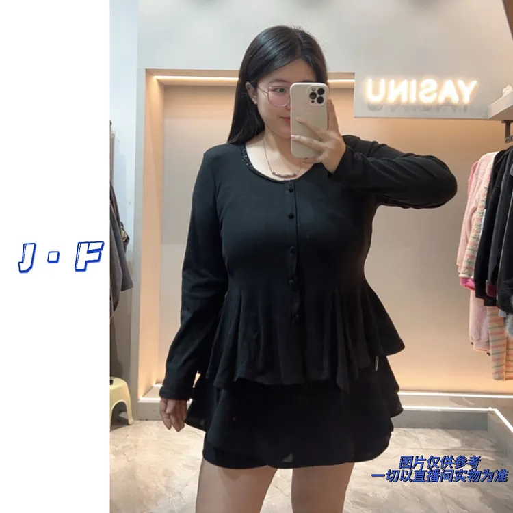 JF定制大码21400甜美ins风拼接收腰显瘦不规则荷叶长袖打底衫