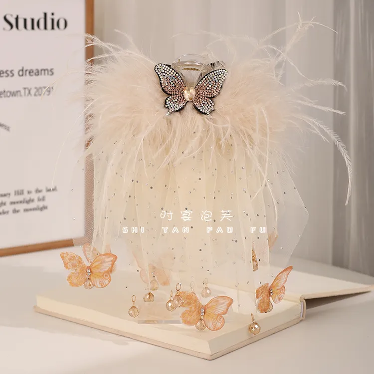 翩若惊鸿羽毛发夹闪钻蝴蝶加密加长毛毛显发量蓬松轻盈飘逸鲨鱼夹