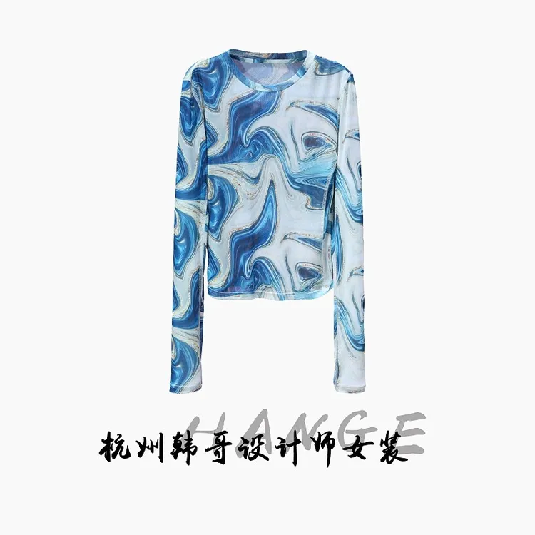 【韩哥女装】秋季欧版设计蓝色重工扎染抽象时尚高弹上衣8733-K7