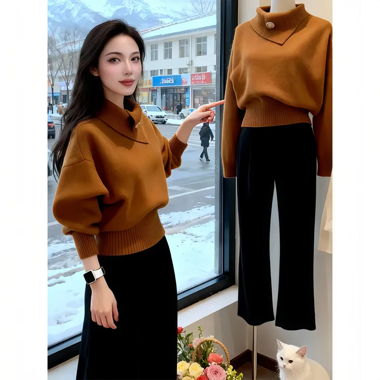 秋冬韩系淡人高知老钱风轻熟设计感软糯慵懒橘色高领打底针织衫女