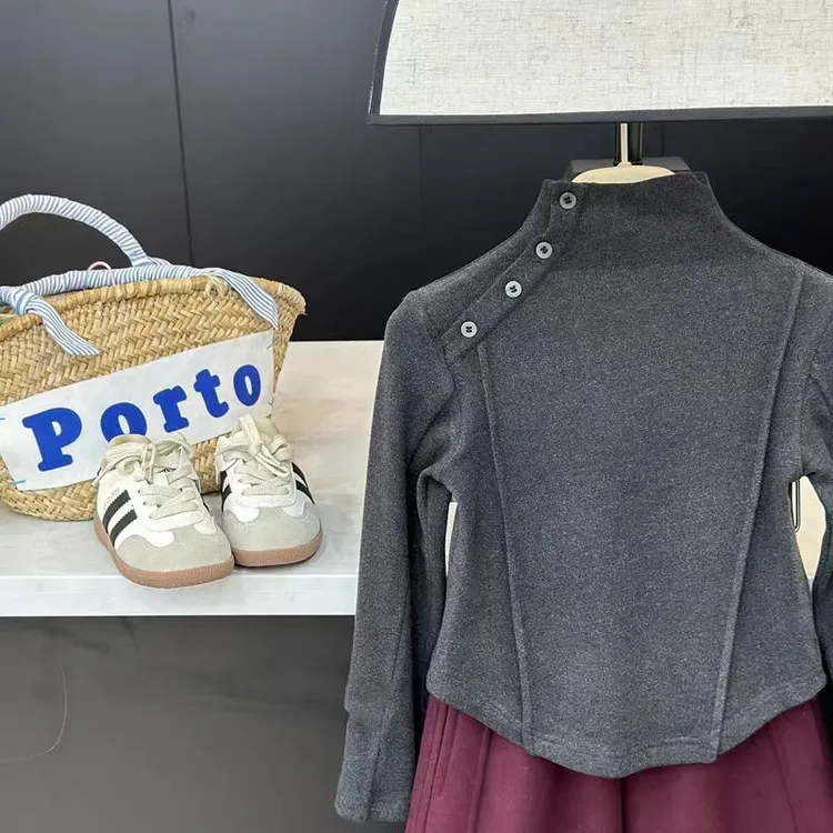 女童秋冬款半高领T恤加绒长袖打底衫中小童洋气时髦磨毛加厚上衣