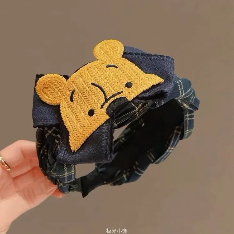 韩版蓝绿格纹编织发箍可爱小熊蝴蝶结宽边头箍发饰少女2025年新款
