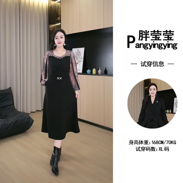胖大盈定制大码女装气质百搭连衣裙洋气减龄长袖拼接裙子ZB6471