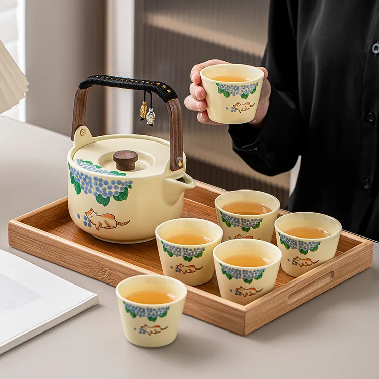 汝窑提梁壶家用陶瓷茶具套装中式防烫复古泡茶壶茶杯功夫茶具套装