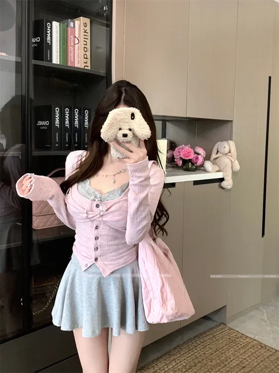 纯欲甜美韩系套装女早秋2025新款针织开衫吊带背心A字短裙三件套