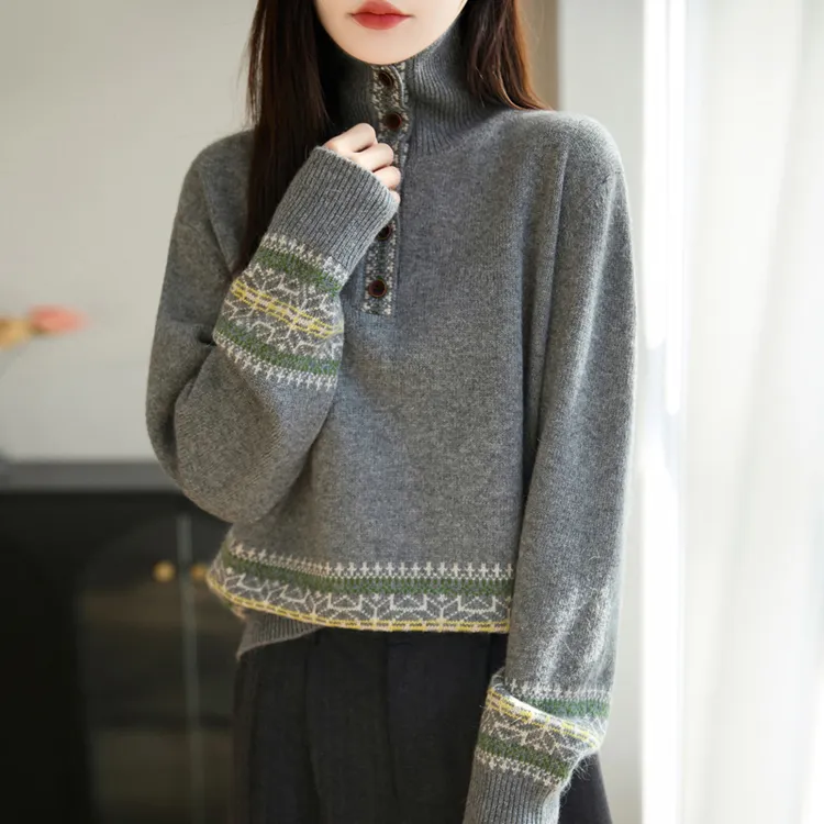 品牌撤柜秋冬新款长袖复古提花条纹针织衫半高领休闲宽松羊毛衫女
