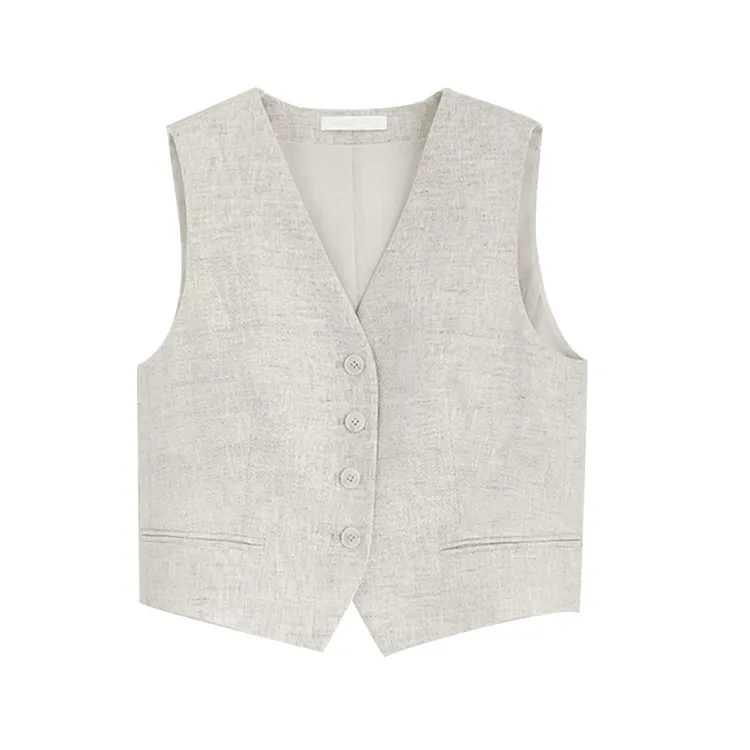 夏季薄款雨露亚麻马夹单穿短款V领时尚气质西装背心马甲白色休闲