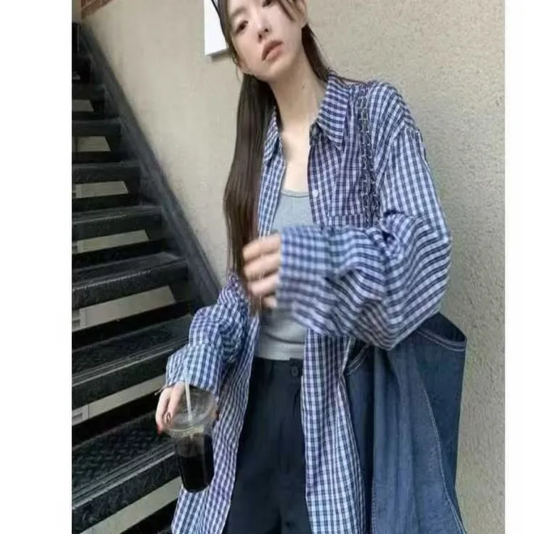 韩版宽松格子长袖衬衫女夏季防晒单排扣蓝色上衣外套