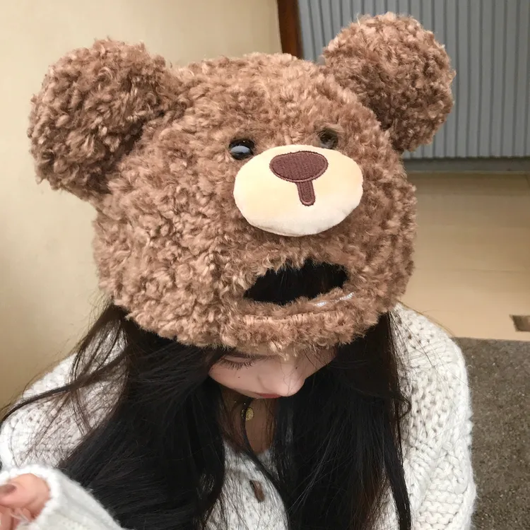可爱小熊耳朵羊羔绒棒球帽女秋冬季宽帽檐大脸显脸小保暖鸭舌帽子