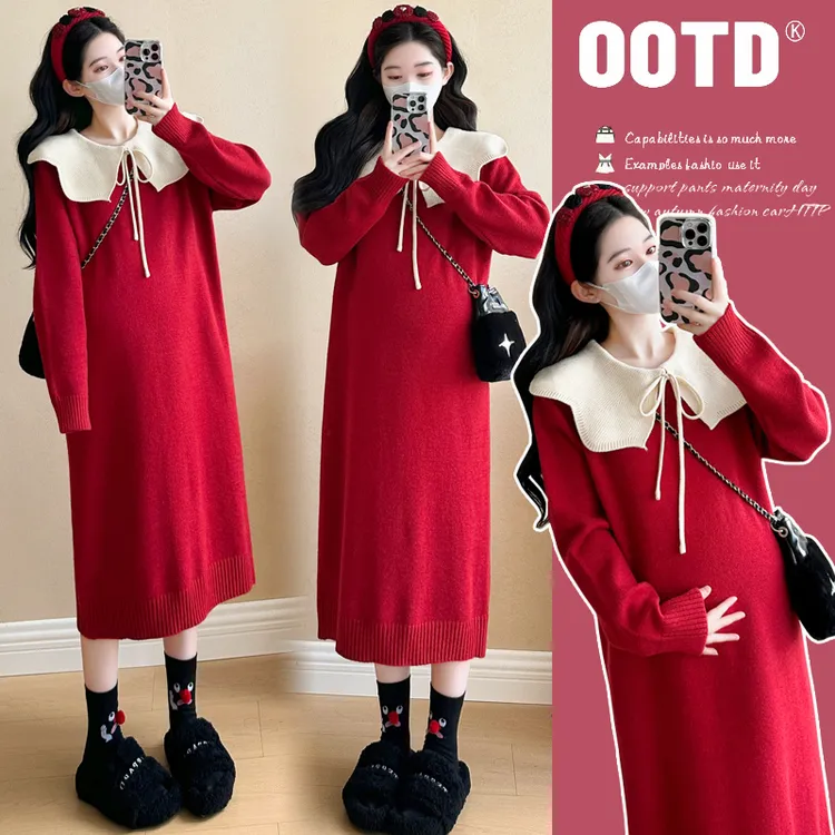 孕妇连衣裙秋冬新款加厚毛衣过膝长款宽松红色圣诞翻领长裙打底裙