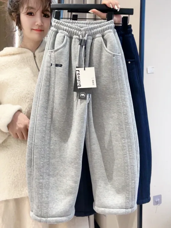 檬贝仔【水洗针织加绒】25冬宽松男女童加厚运动裤-钉扣拉条2572