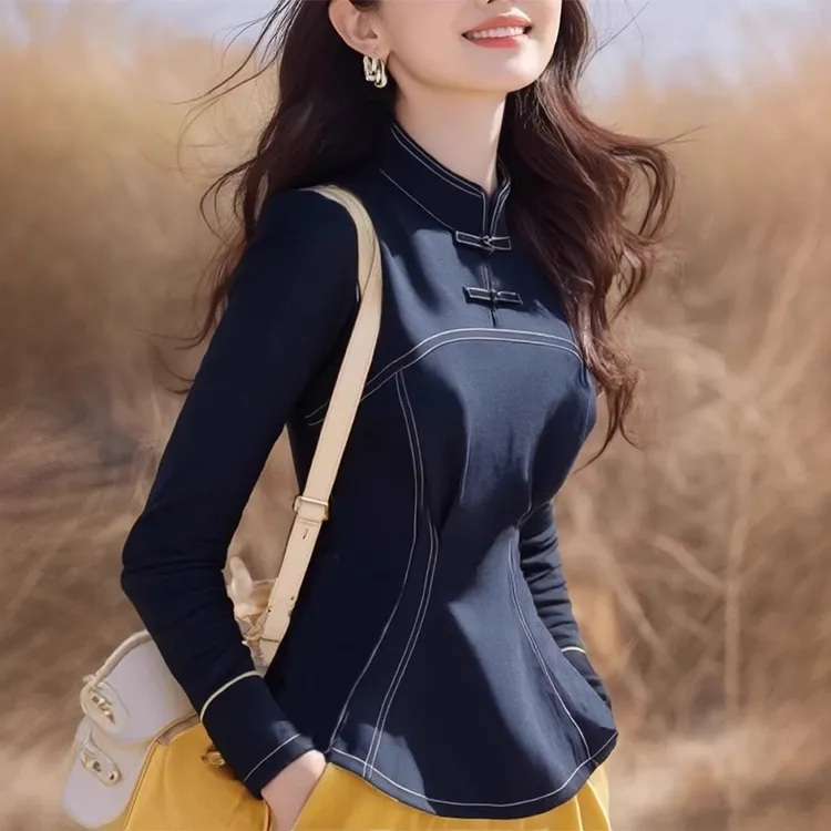 春秋新中式国风立领盘扣蓝色牛仔衬衫女设计感超好看收腰长袖上衣