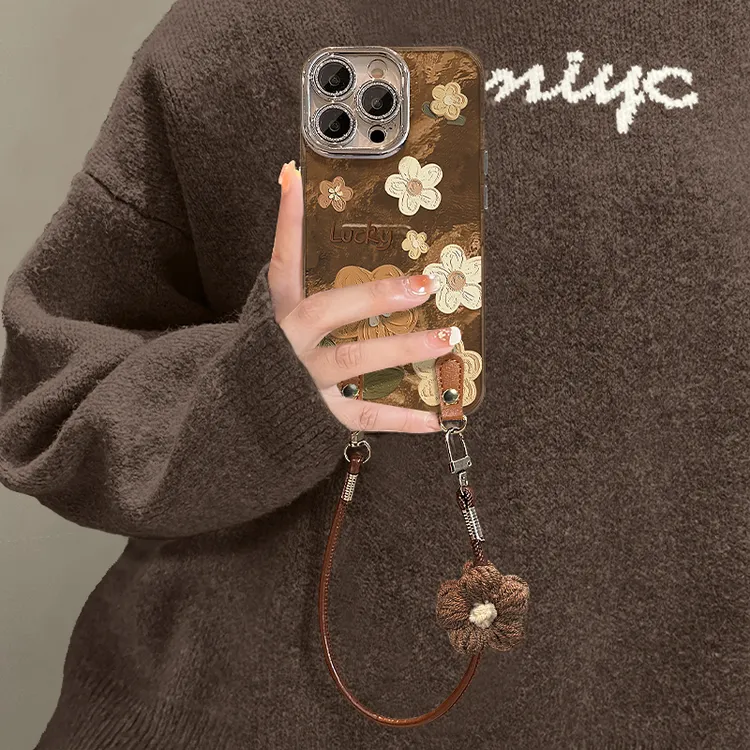 油画小花适用苹果17华为vivo/oppo小米iPhone16精孔冰川纹手机壳