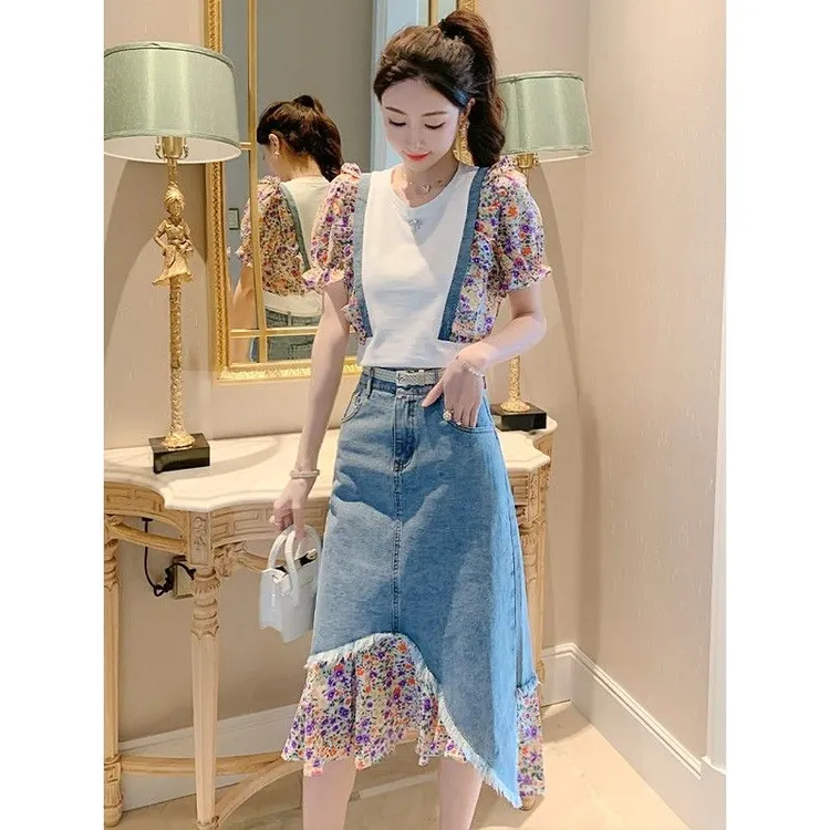 2024年夏季新款时尚洋气碎花牛仔裙套装短袖恤高腰半身裙两件套