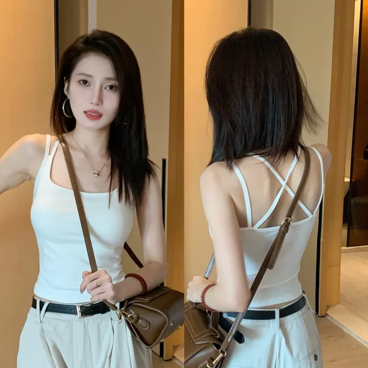 美背交叉吊带文胸一体背心女2024新款外穿带胸垫内搭显瘦小上衣夏