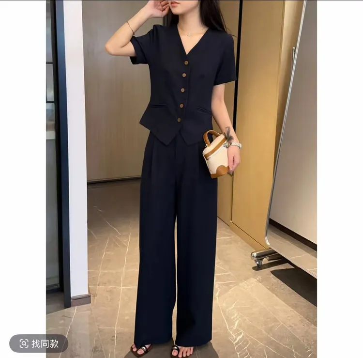 慵懒休闲套装女短袖衬衫高腰宽松阔腿裤减龄两件套