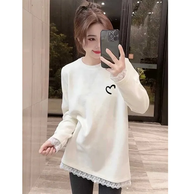 2025年新款小众设计感蕾丝拼接长袖T恤女白色宽松百搭德绒打底衫