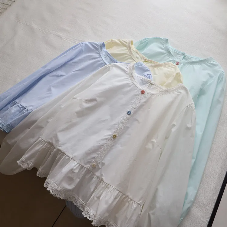 2025春季新韩系圆领气质超好看漂亮衬衫女彩扣蕾丝上衣洋气欧若风