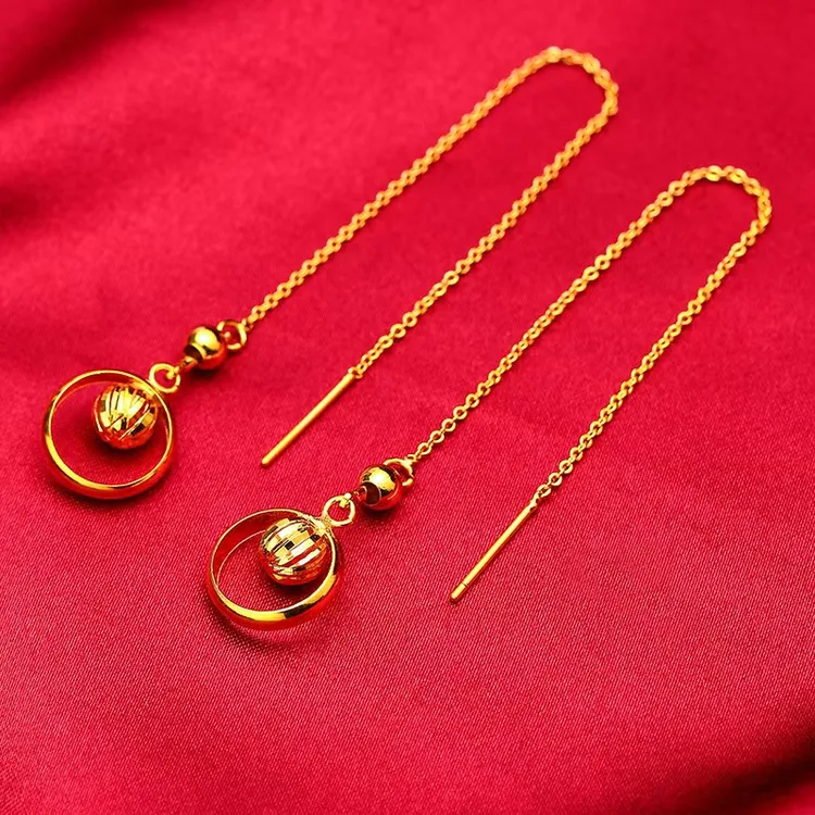 铜合金耳饰 同心圆耳线简约长款耳线百搭女士精美珠珠气质