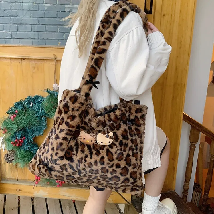 甜酷风毛绒绒豹纹kitty手拎小包可爱毛毛小众可爱复古外出手提包