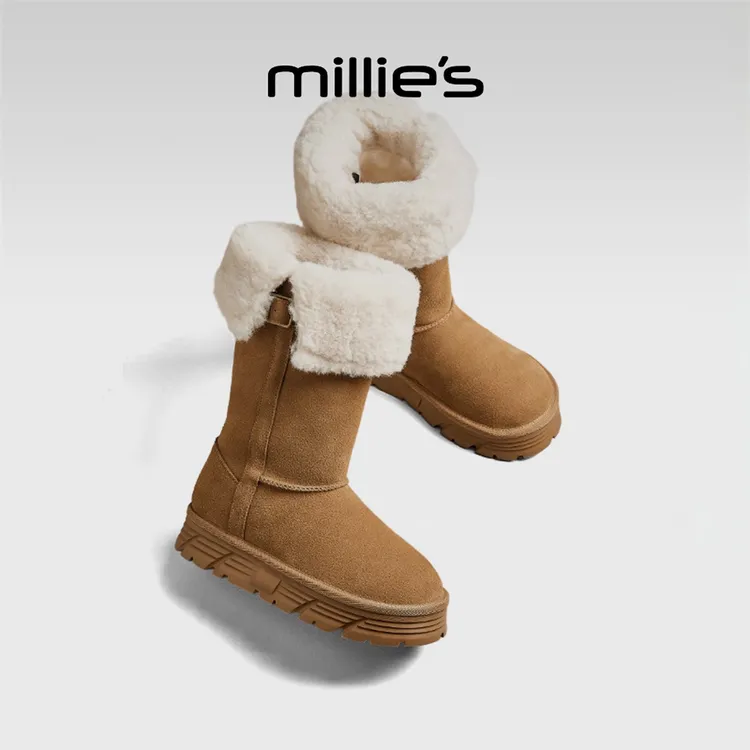 millies妙丽圆头厚底加绒毛毛雪地靴2025冬季新款不过膝时尚棉靴