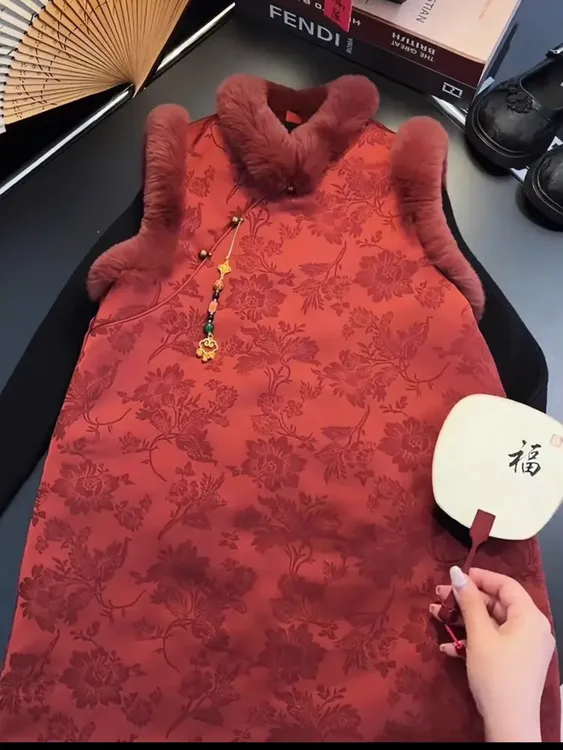 儿童新中式马甲女童旗袍夹棉背心裙秋冬加厚中国风连衣裙拜年服装