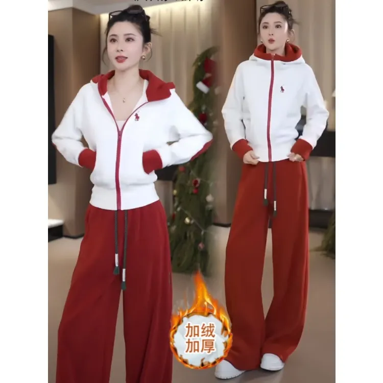 拉夏贝尔休闲时尚套装女秋冬季2025新款时尚连帽卫衣休闲裤两件套