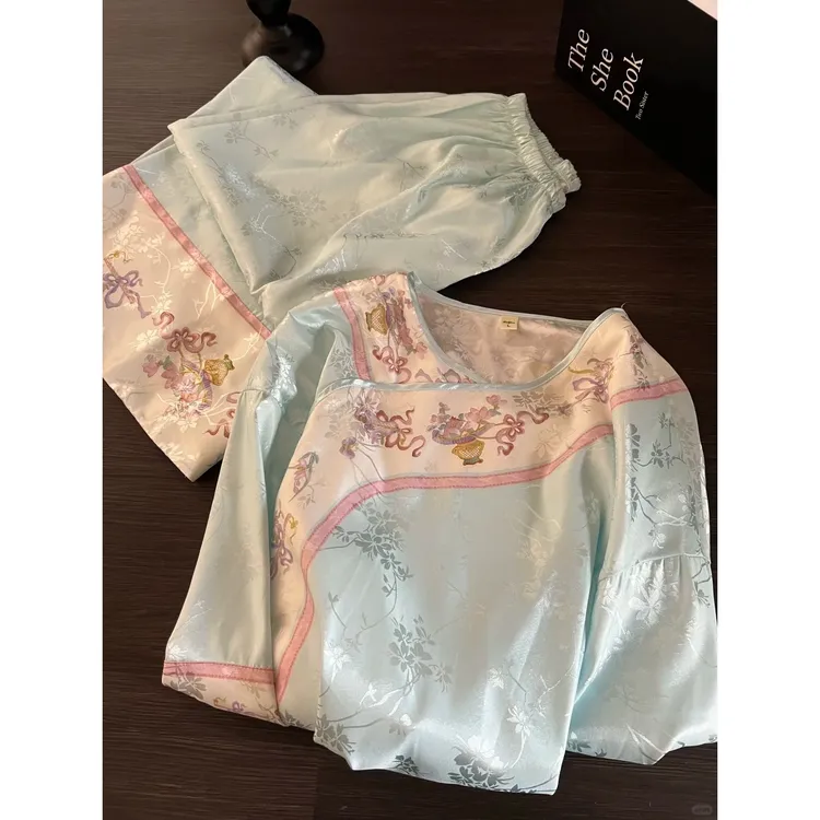 新中式国风复古温柔蓝花卉睡衣女夏季古风短袖长裤套装大码家居服