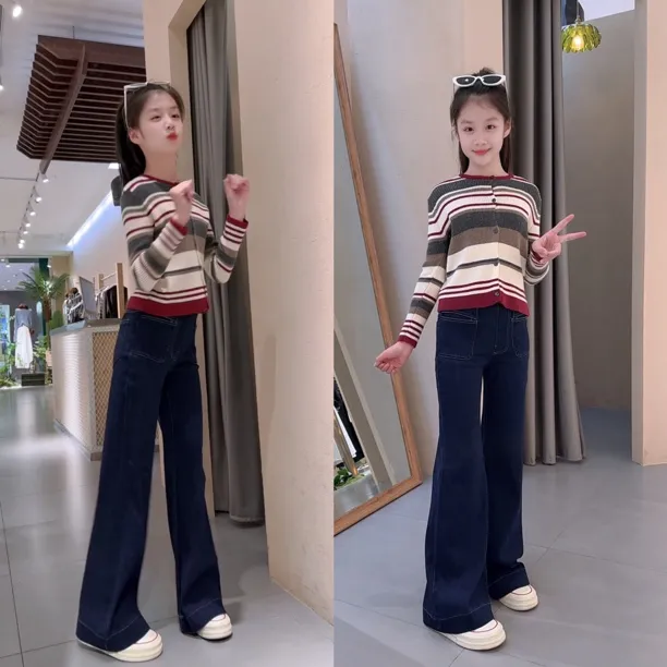 裤子休闲春秋纯色女童中大童大码显瘦高腰直筒时尚外穿宽松秋季