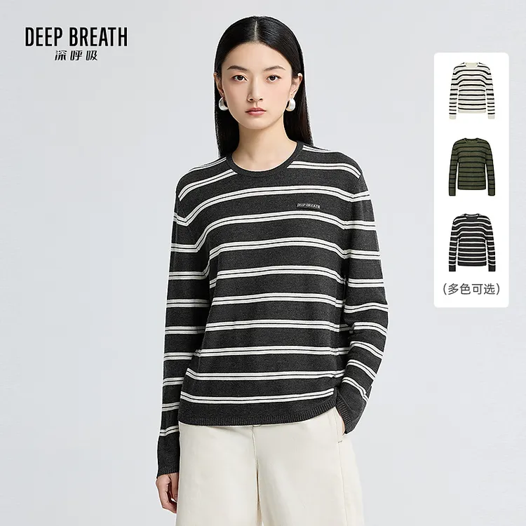 DEEP BREATH深呼吸圆领简约拼色条纹贴唛宽松长袖针织上衣A301808