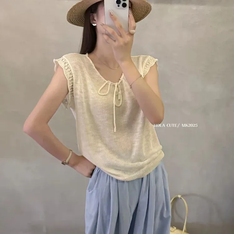 女无袖毛针织衫韩版冰感纽结上衣宽松蕾丝镂空日奢风