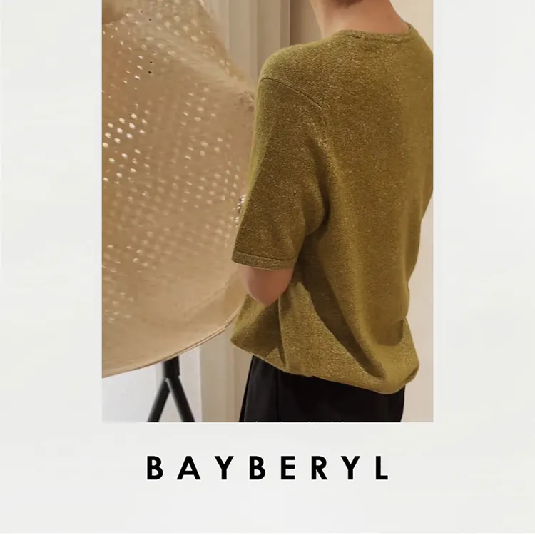 券-BAYBERYL老贝粉绿花纱羊绒亚麻柔软短袖针织衫ZZS5F0901-6/25